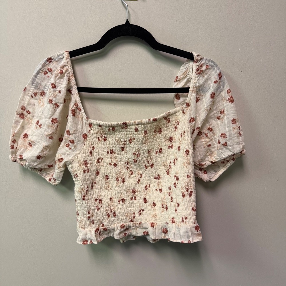 American Eagle Festival Boho Floral Smocked Cream Cottagecore DaintyTop Size Med